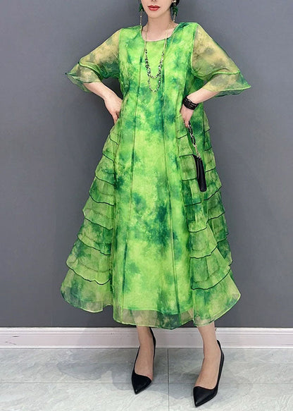 Green Tie Dye Ruffled Patchwork Chiffon Dresses Summer