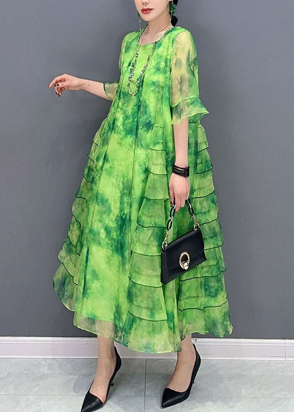 Green Tie Dye Ruffled Patchwork Chiffon Dresses Summer