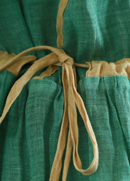 Green Tie Waist V Neck Patchwork Linen Dresses Half Sleeve
