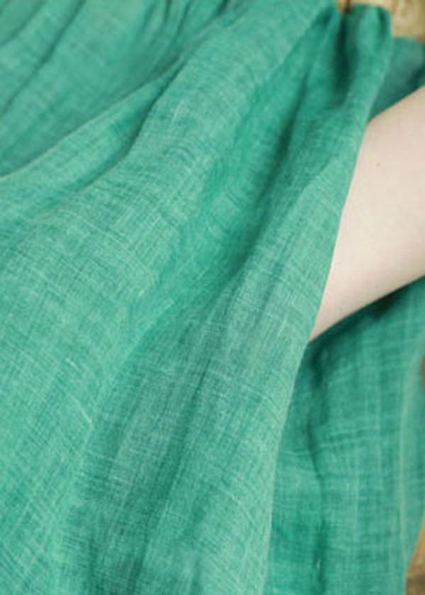 Green Tie Waist V Neck Patchwork Linen Dresses Half Sleeve