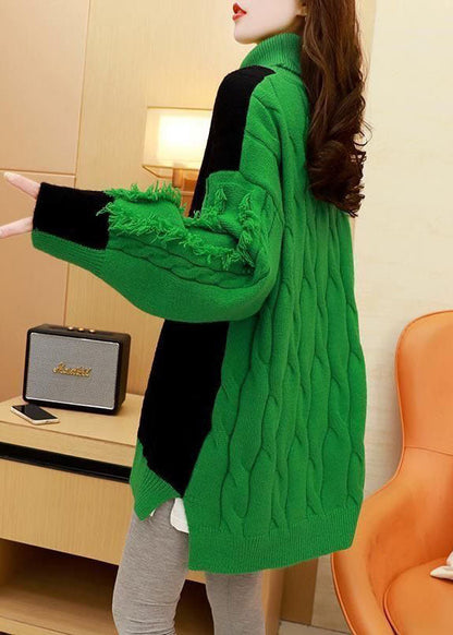 Green Turtle Neck Thick Patchwork Knit Sweater Tops Winter