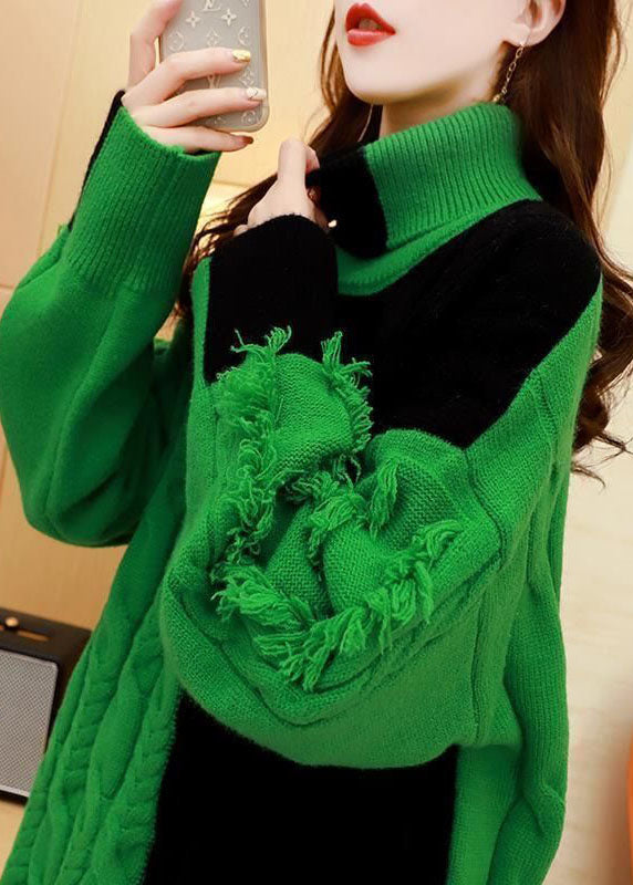 Green Turtle Neck Thick Patchwork Knit Sweater Tops Winter