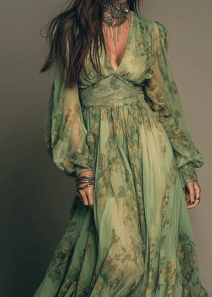 Green V Neck Print Chiffon Long Dress Summer