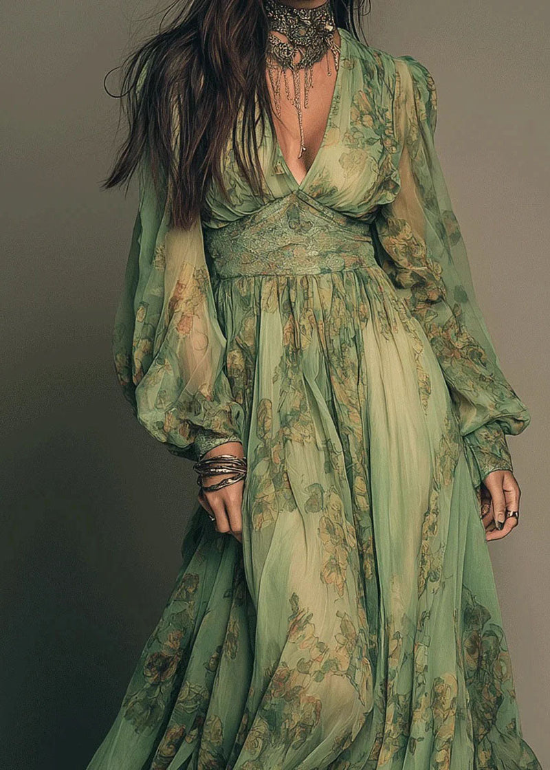 Green V Neck Print Chiffon Long Dress Summer