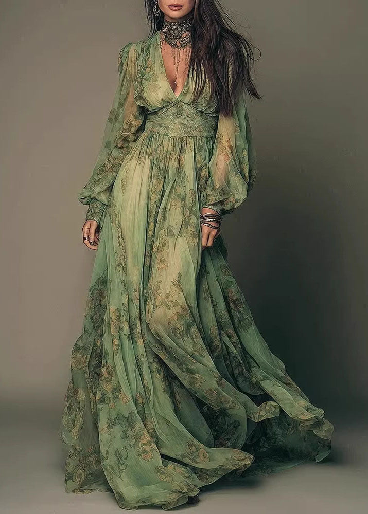Green V Neck Print Chiffon Long Dress Summer