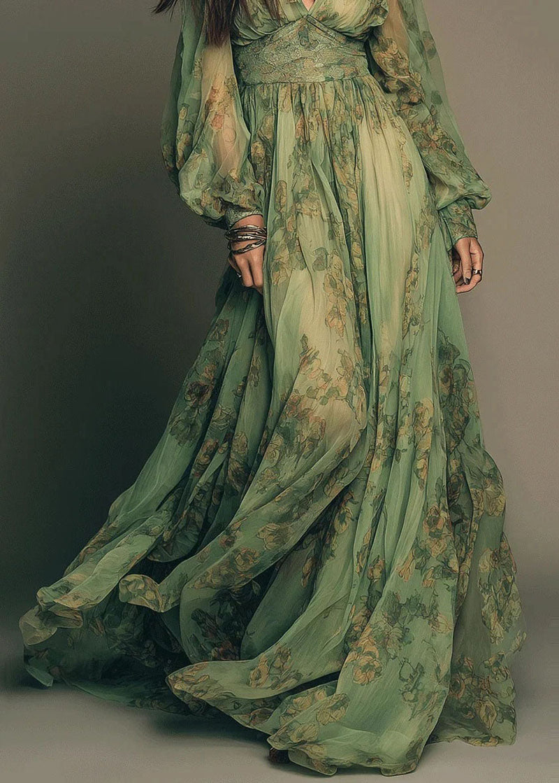 Green V Neck Print Chiffon Long Dress Summer