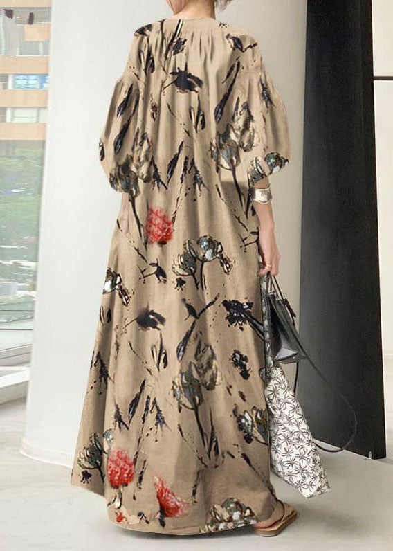 Green V Neck Print Cotton Dresses Lantern Sleeve