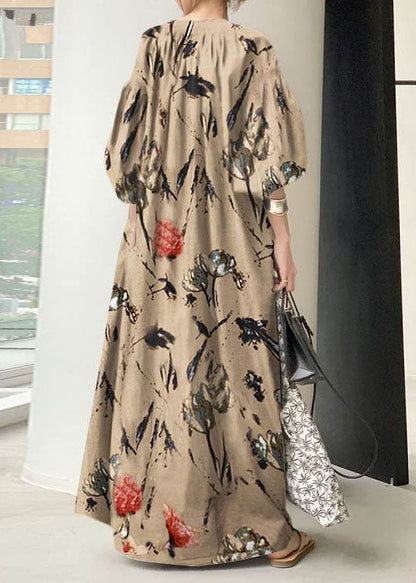 Green V Neck Print Cotton Dresses Lantern Sleeve