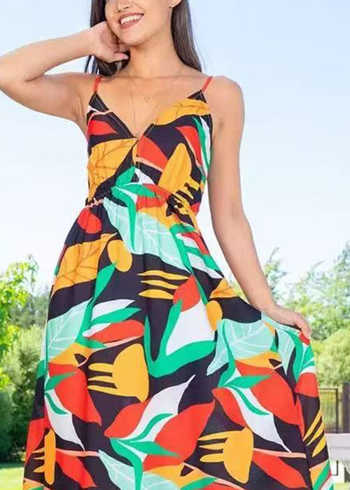 Green V Neck Print Cotton Vacation Spaghetti Strap Dresses Sleeveless