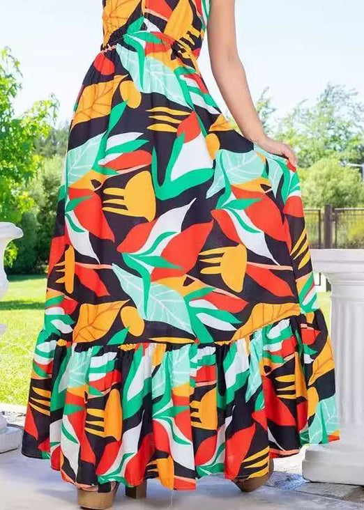 Green V Neck Print Cotton Vacation Spaghetti Strap Dresses Sleeveless