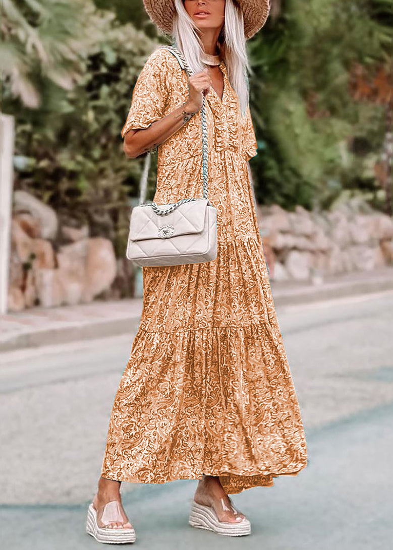 Green V Neck Print Long Dress Short Sleev