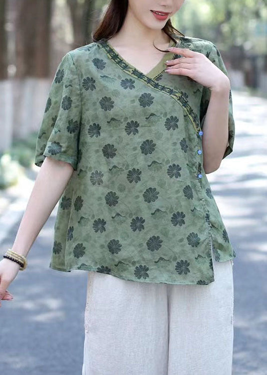 Green V Neck Print Patchwork Linen Shirts Summer