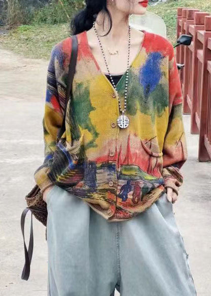 Green V Neck Print Pockets Knit Cardigans Long Sleeve