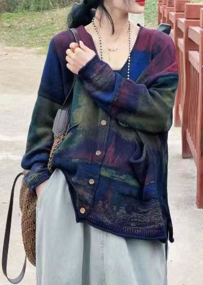 Green V Neck Print Pockets Knit Cardigans Long Sleeve