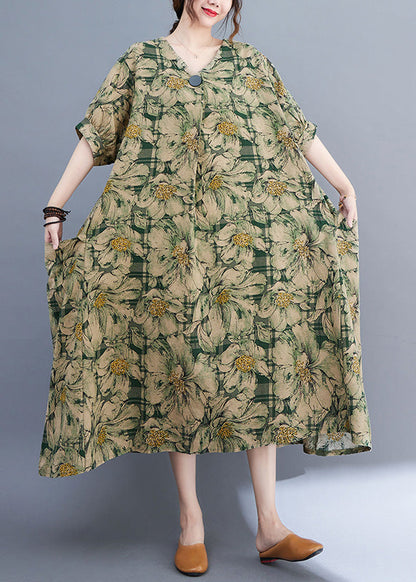 Green V Neck Print Wrinkled Holiday Long Dress Summer