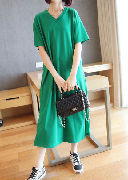 Green V Neck Side Open Cotton Long Dress Summer