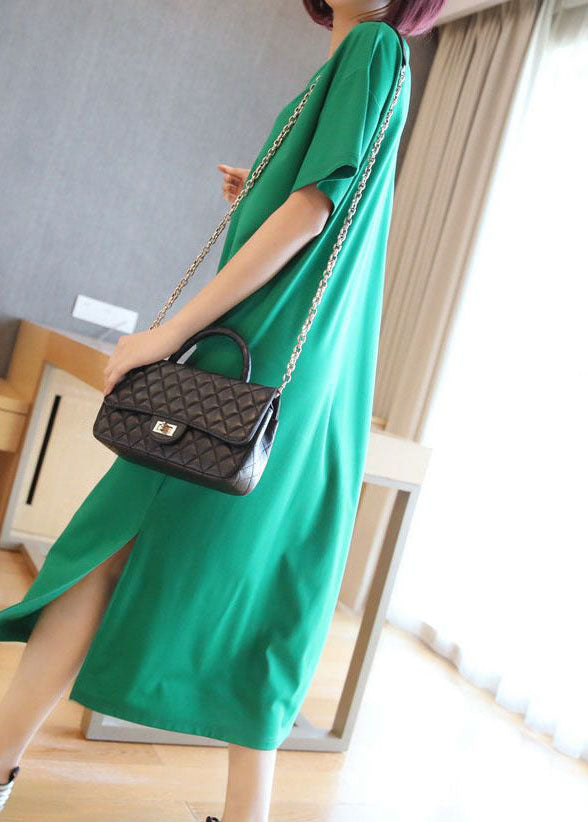 Green V Neck Side Open Cotton Long Dress Summer