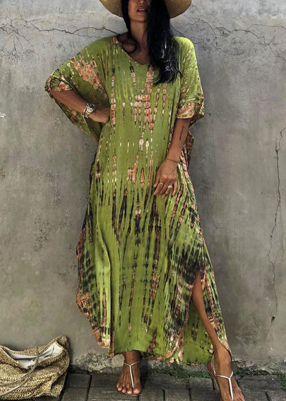 Green V Neck Striped Print Beach Dress Summer