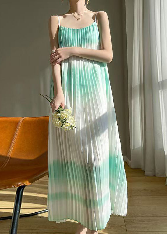 Green Wrinkled Cotton Spaghetti Strap Dress Sleeveless