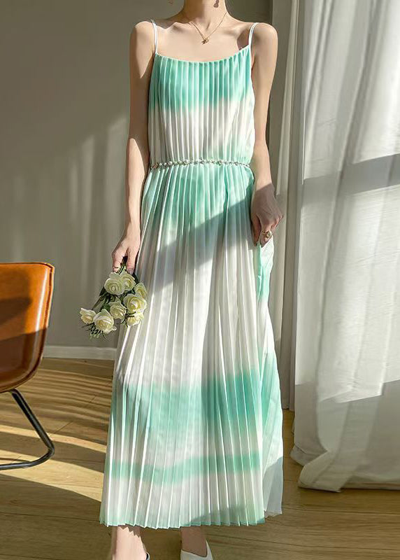 Green Wrinkled Cotton Spaghetti Strap Dress Sleeveless