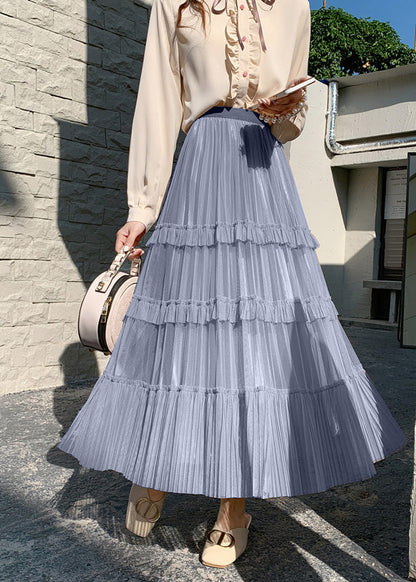 Grey Blue High Waist Wrinkled Tulle Cake Skirt Spring