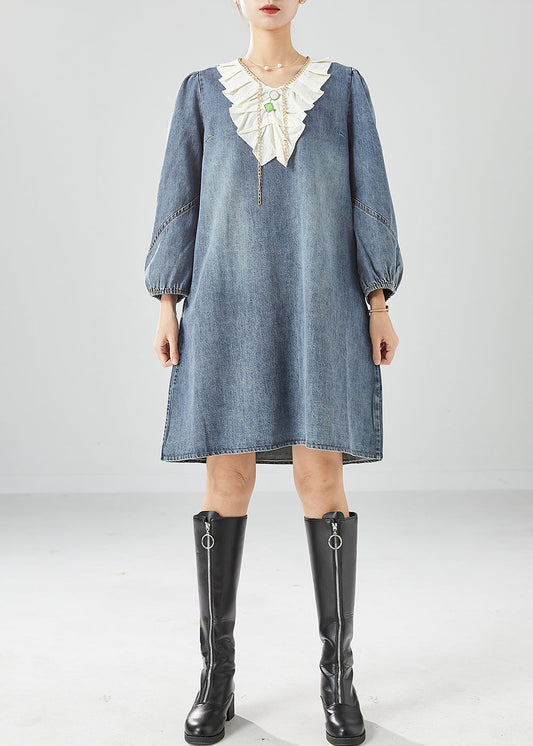 Grey Blue Ruffles Patchwork Denim Maxi Dress Summer