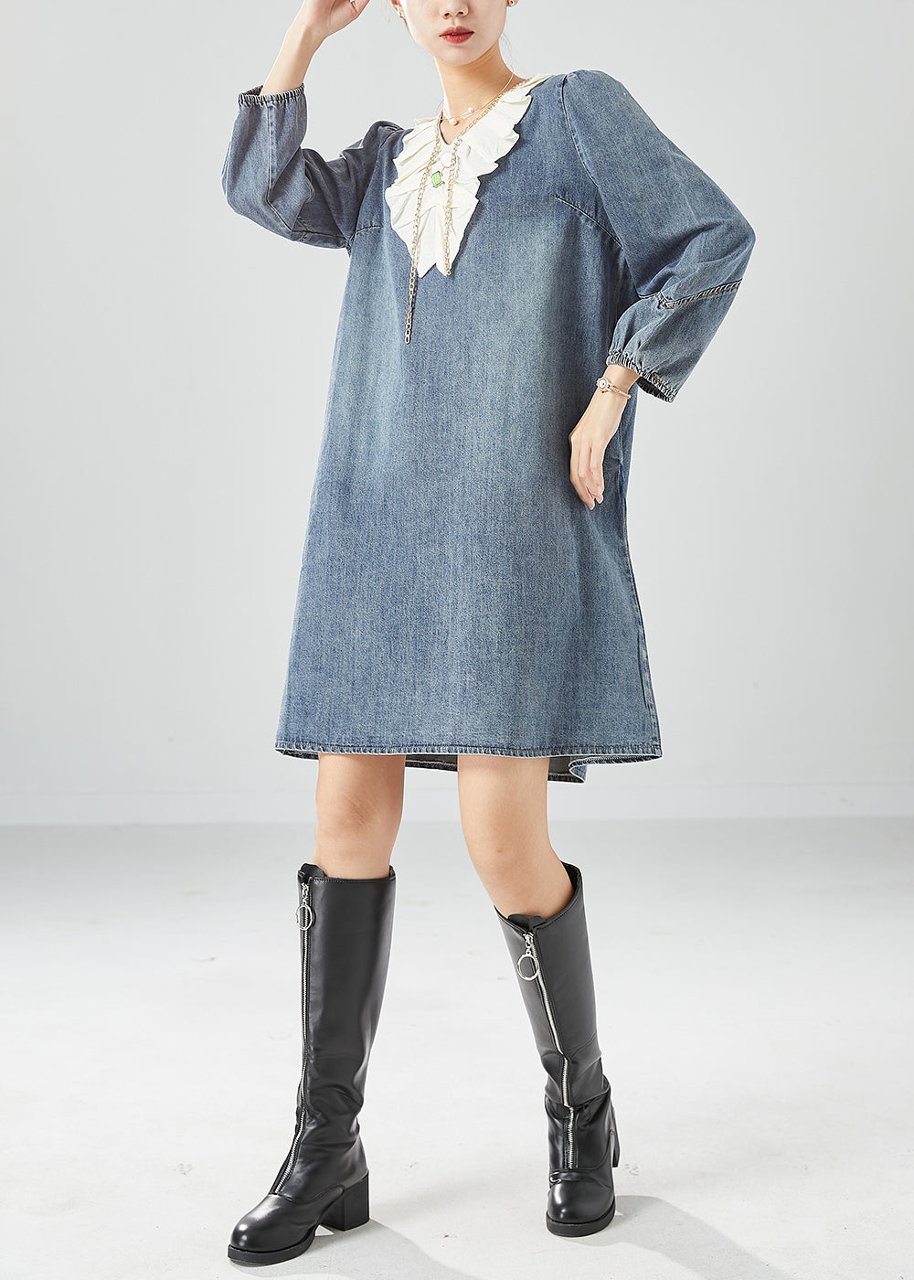 Grey Blue Ruffles Patchwork Denim Maxi Dress Summer