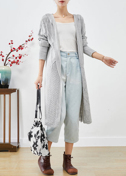 Grey Hooded Oversized Knit Long Cardigans Fall