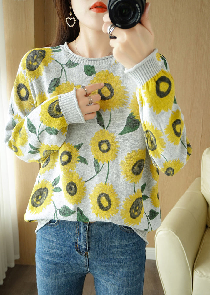 Grey O-neck Print Thick Knit Sweater Fall