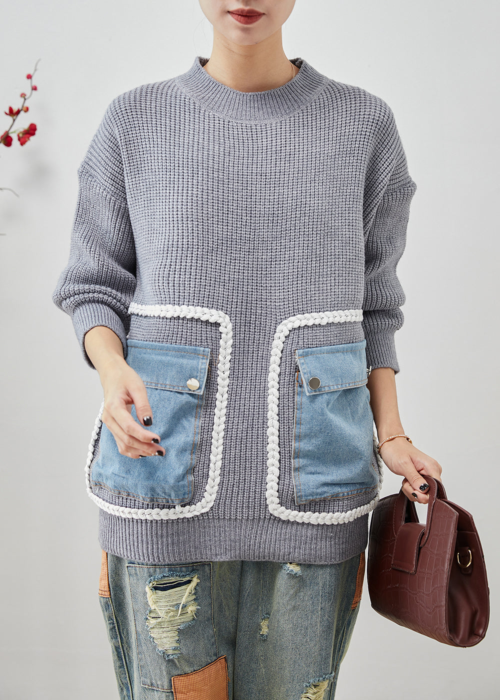Grey Oversized Patchwork Pockets Knit Sweater Tops Winter