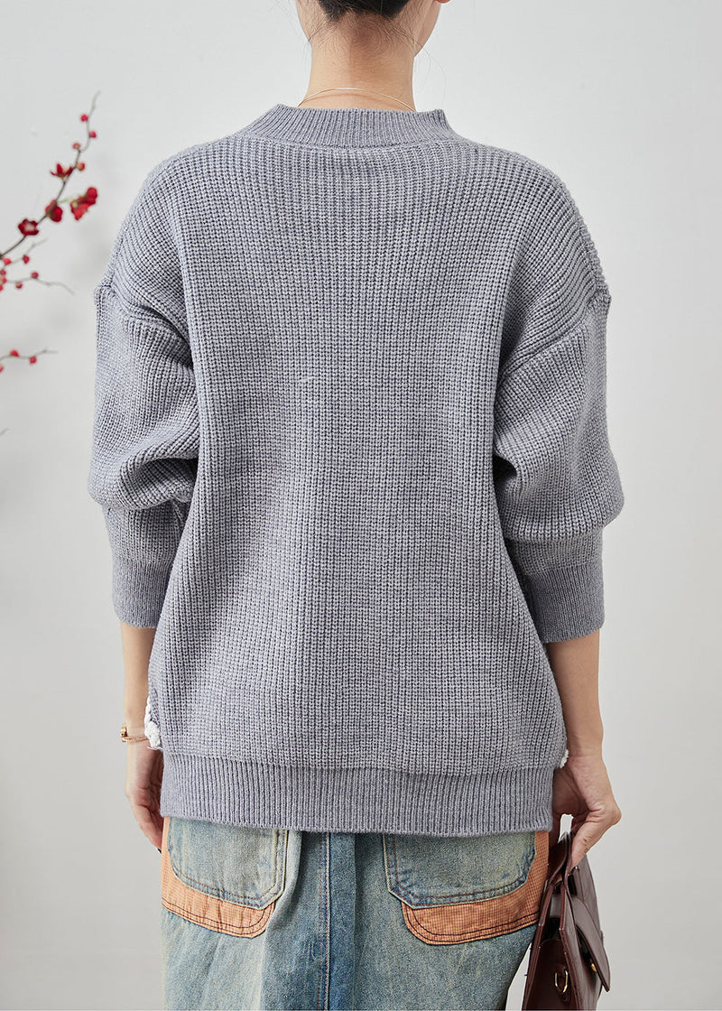 Grey Oversized Patchwork Pockets Knit Sweater Tops Winter