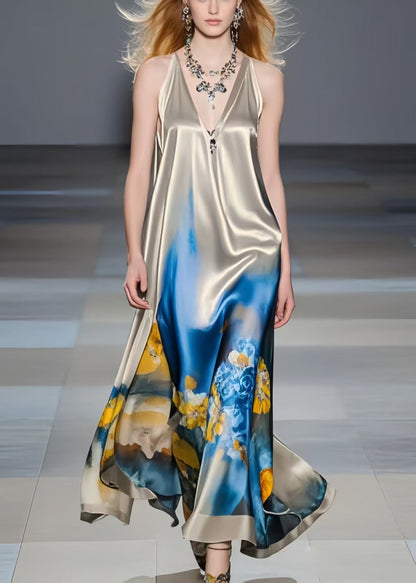Grey Print Draping Silk Mini Dress Summer