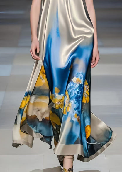 Grey Print Draping Silk Mini Dress Summer