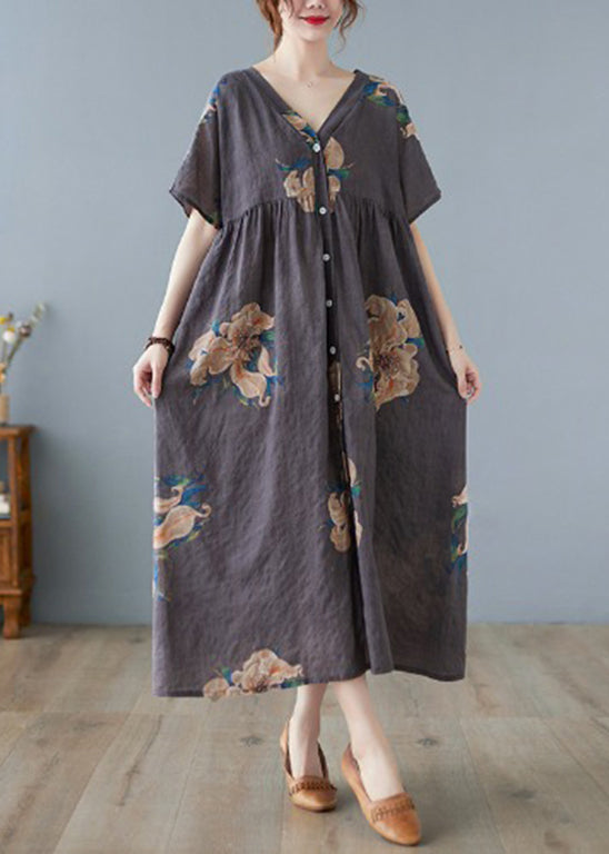 Grey Print Long Beach Dresses Short Sleeve