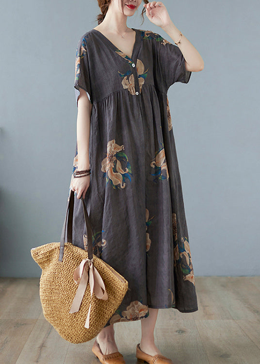 Grey Print Long Beach Dresses Short Sleeve