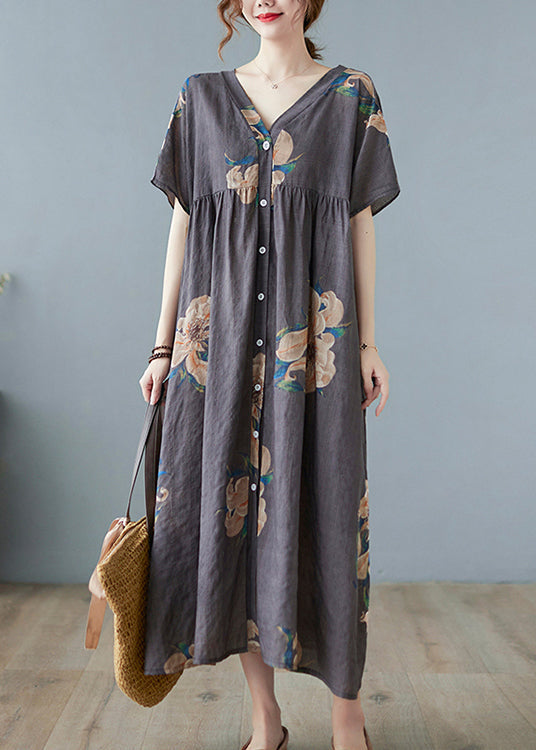 Grey Print Long Beach Dresses Short Sleeve