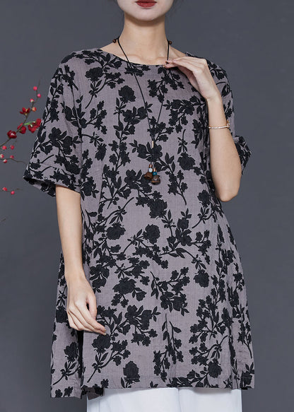 Grey Print Side Open Linen Long Tops Summer