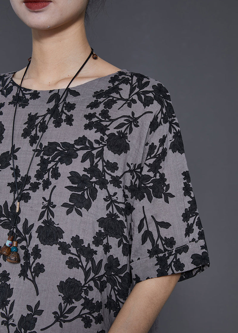 Grey Print Side Open Linen Long Tops Summer