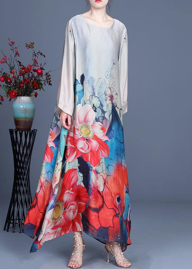 Grey Print Asymmetrical Design Silk Summer Mid Dress