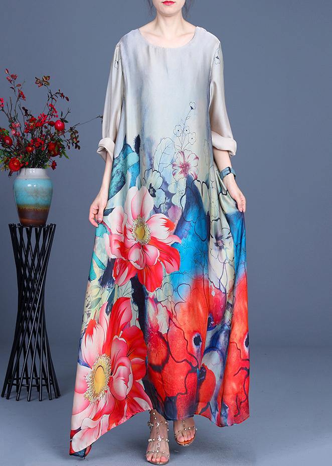 Grey Print Asymmetrical Design Silk Summer Mid Dress