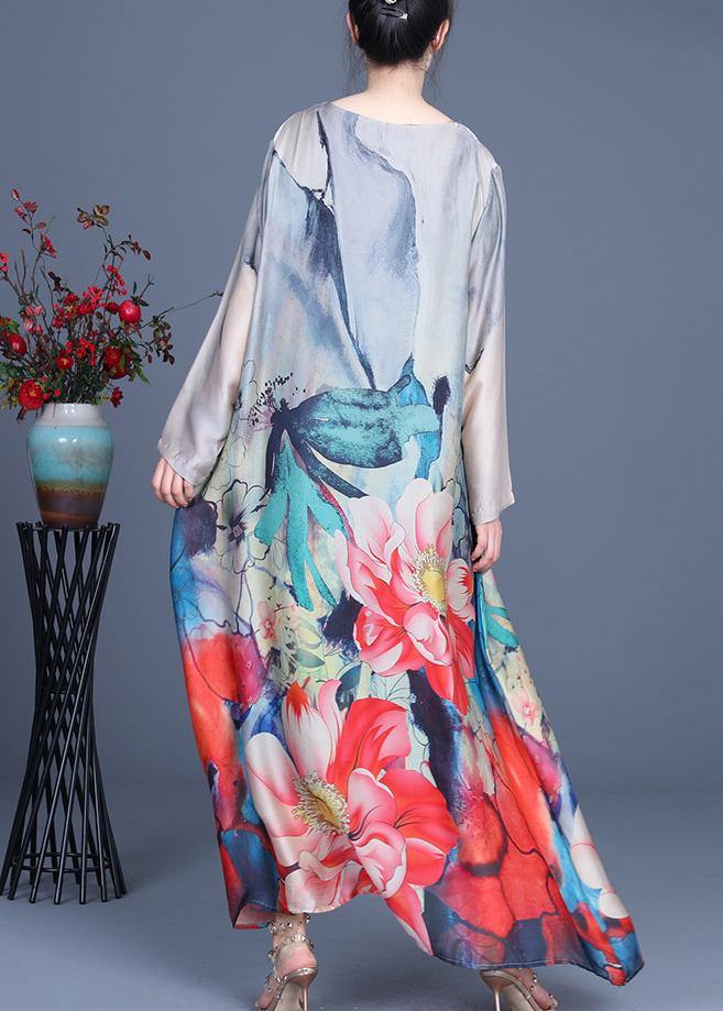 Grey Print Asymmetrical Design Silk Summer Mid Dress