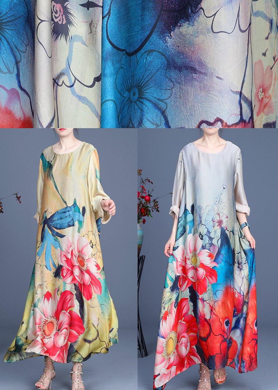 Grey Print Asymmetrical Design Silk Summer Mid Dress