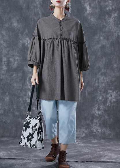 Grey Ruffled Patchwork Plaid Linen Mid Dress Summer