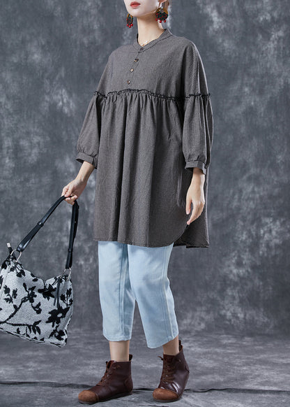 Grey Ruffled Patchwork Plaid Linen Mid Dress Summer