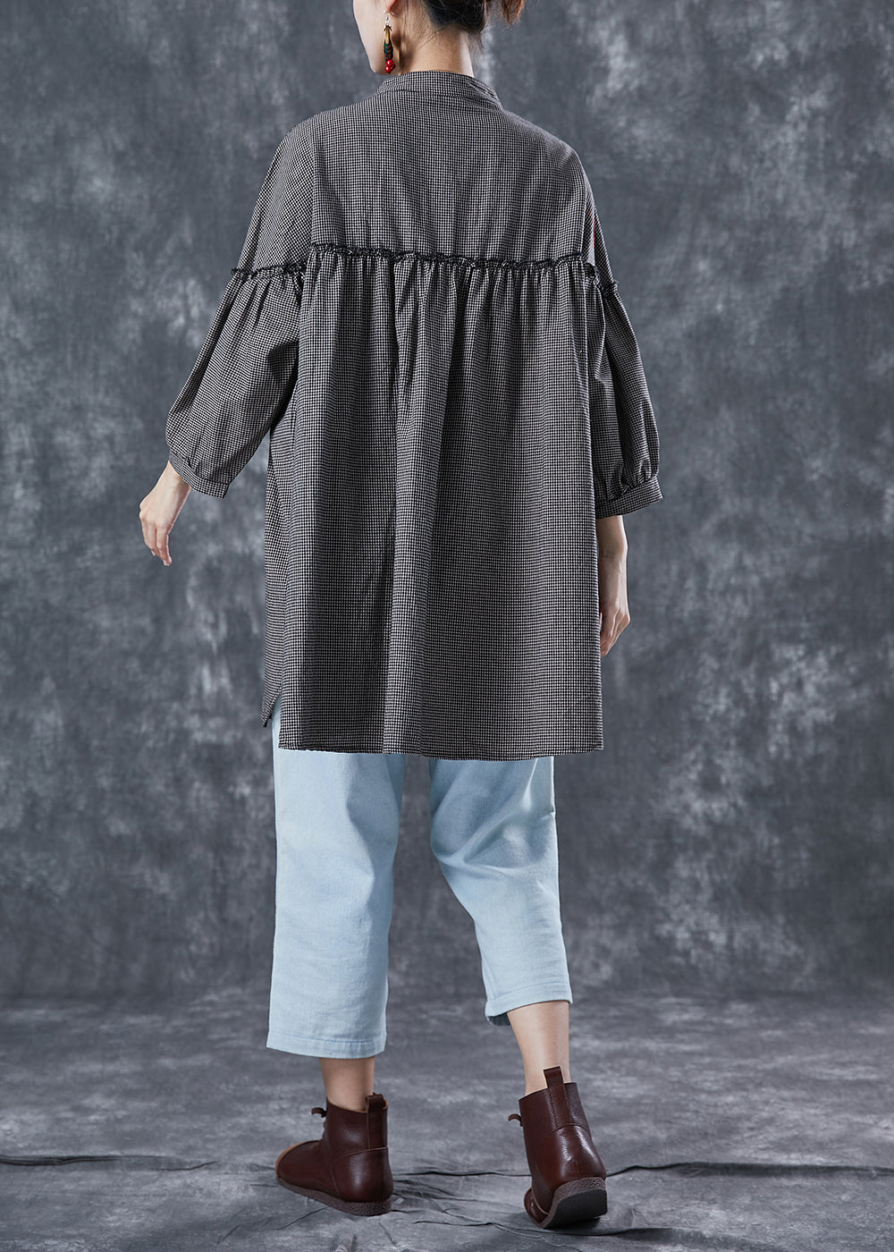 Grey Ruffled Patchwork Plaid Linen Mid Dress Summer