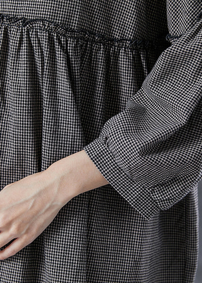 Grey Ruffled Patchwork Plaid Linen Mid Dress Summer