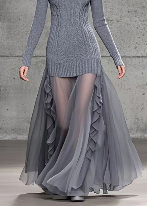 Grey Ruffled Patchwork Tulle Knit Dress Winter