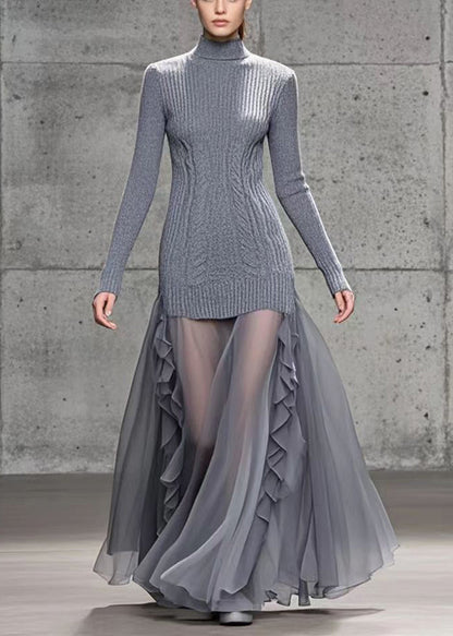 Grey Ruffled Patchwork Tulle Knit Dress Winter
