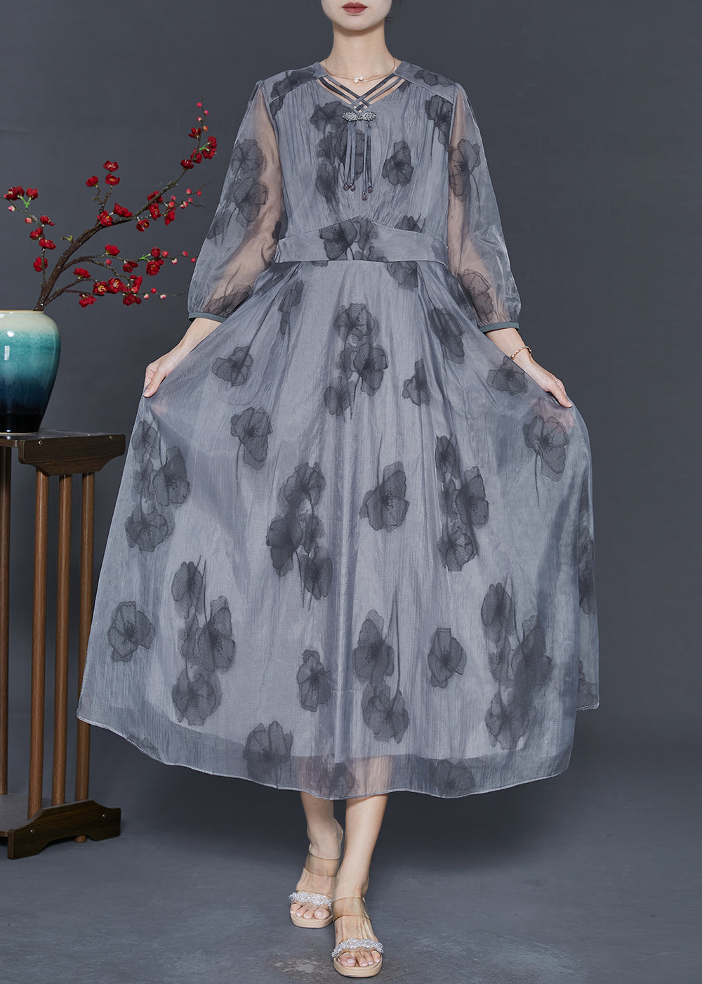 Grey Tasseled Print Silk Long Dress Bracelet Sleeve