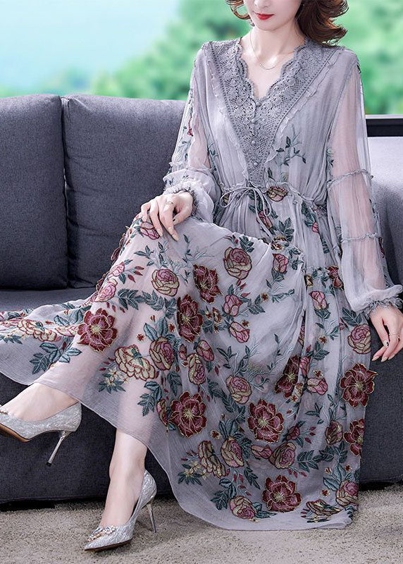 Grey V Neck Patchwork Embroideried Tulle Cinched Dress Spring